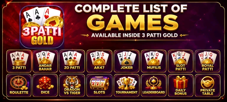 List of Games Available Inside 3 Patti Gold App